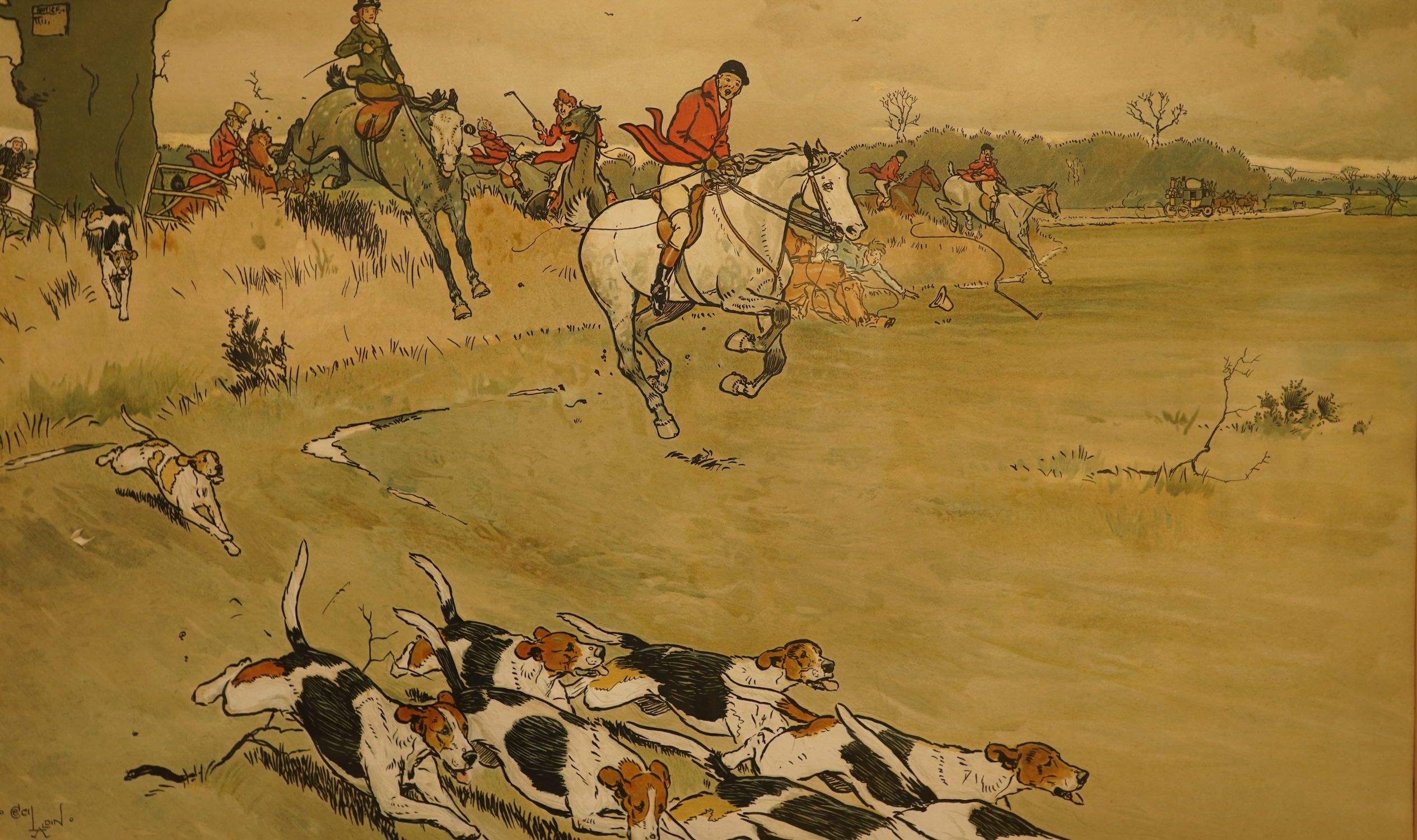After Cecil Aldin (1870-1935), set of six colour hunting interest prints, to include 'Breaking cover', 'The Breakfast' and 'Full Cry', 37 x 60cm